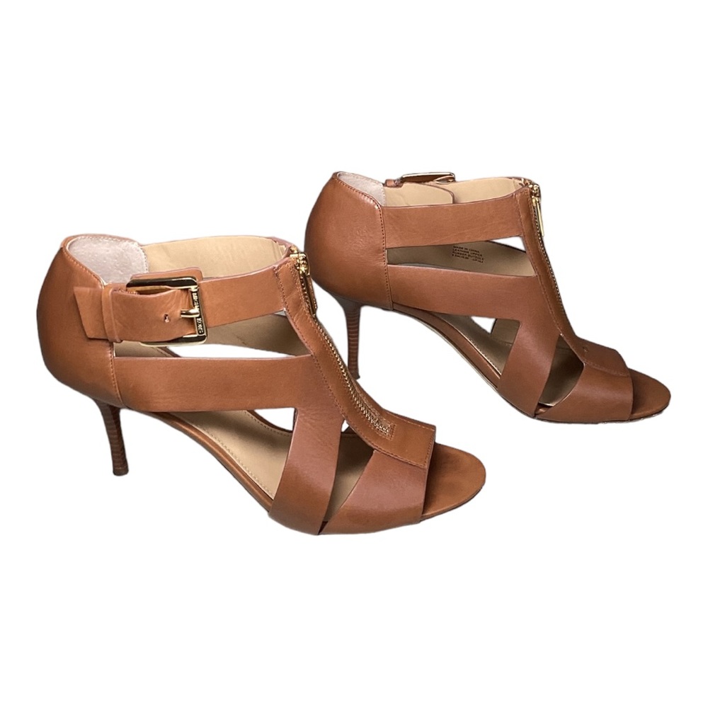 MICHAEL BY MICHAEL KORS HEELS ANYA MID PEEPTOE ZIPPER PUMPS SANDALS 9.5M LUGGAGE